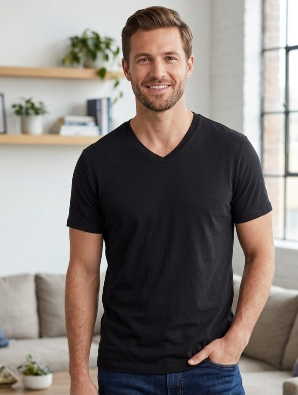 Mens V Neck Cotton Tshirt